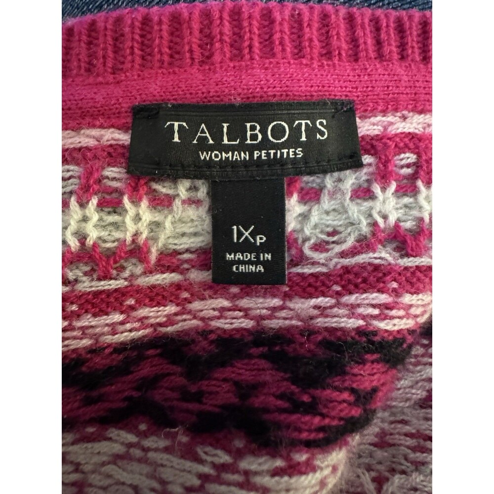 Talbots Pink Fair Isle Sweater Cardigan Size 1Xp Heavyweight Nylon Wool Blend - Picture 7 of 10